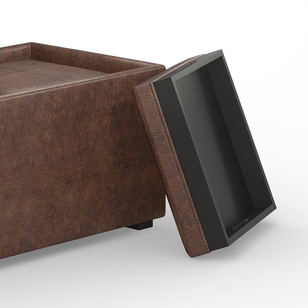 Simpli Home Avalon 35"W Upholstered Storage Ottoman Set with 5 Pieces and Flip-Over Serving Tray Lids