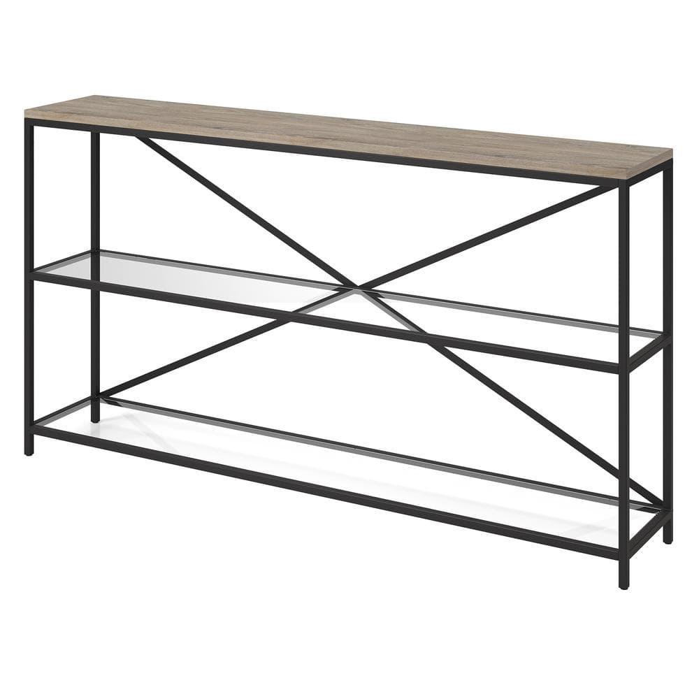Evelyn&Zoe Fionn 55" Wide Rectangular Console Table, Blackened Bronze/Antiqued Gray Oak