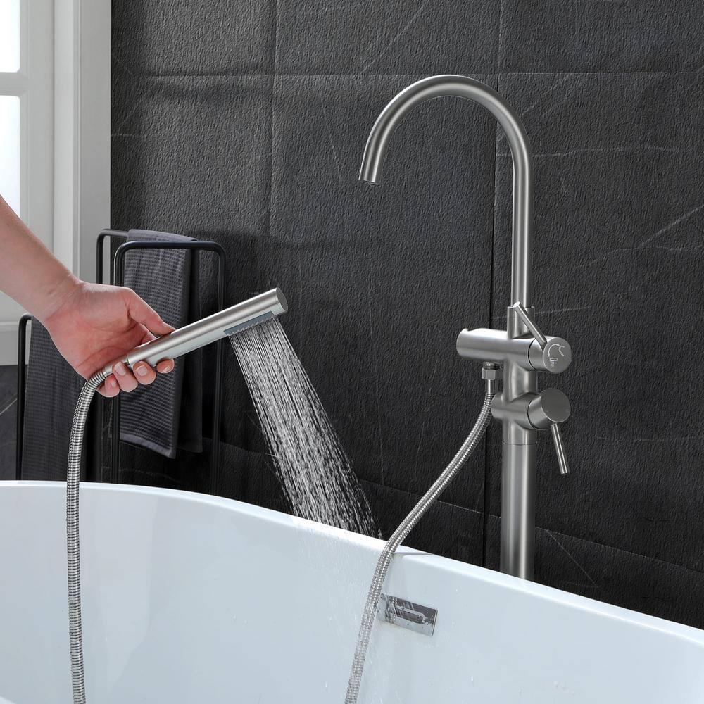 Double Handle Floor Mounted Freestanding Tub Filler With Handshower