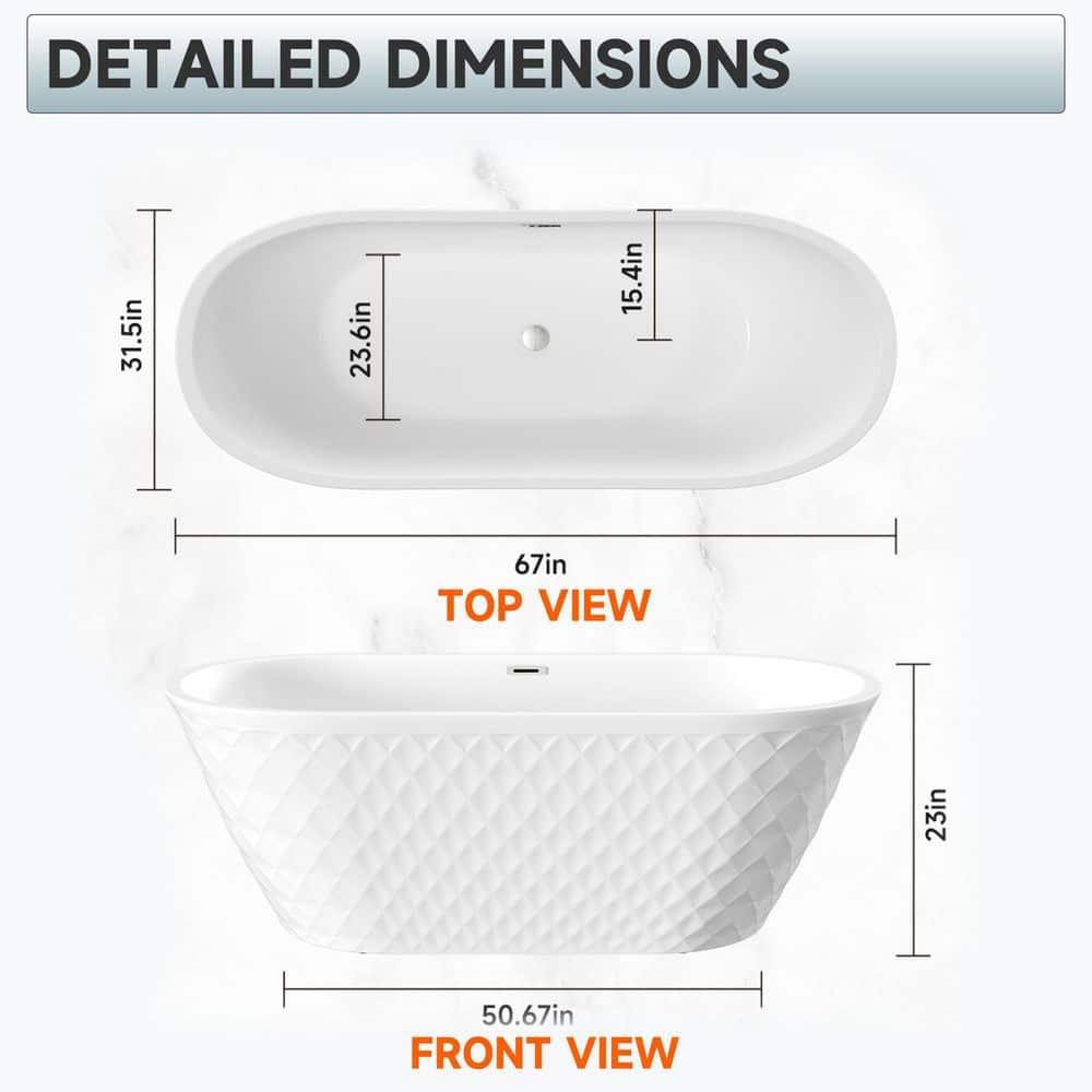 Aguamaph 67" x 31" Acrylic Freestanding Bathtub with Diamond Wave Pattern with Chrome Drain & Overflow T7052886731CW