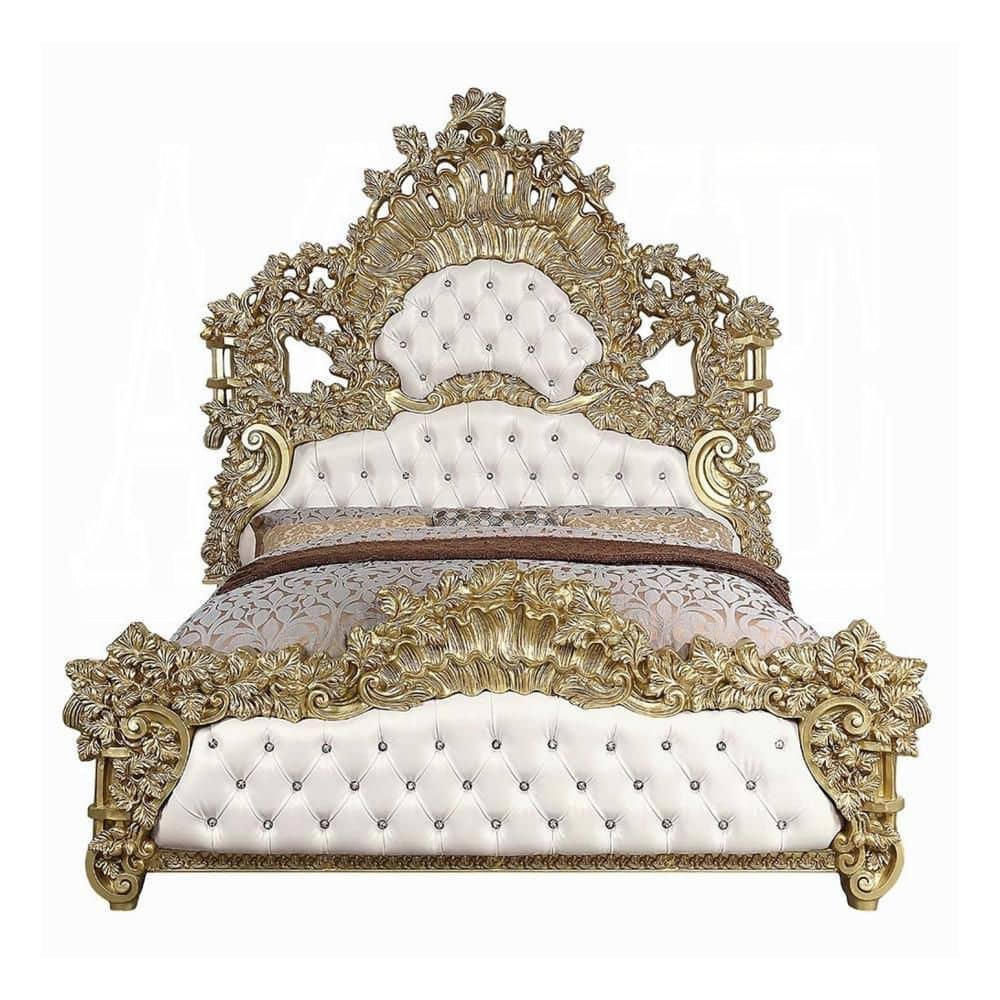 Benjara Rexx King Bed, White Faux Leather Victorian Carved, Classic Gold Wood