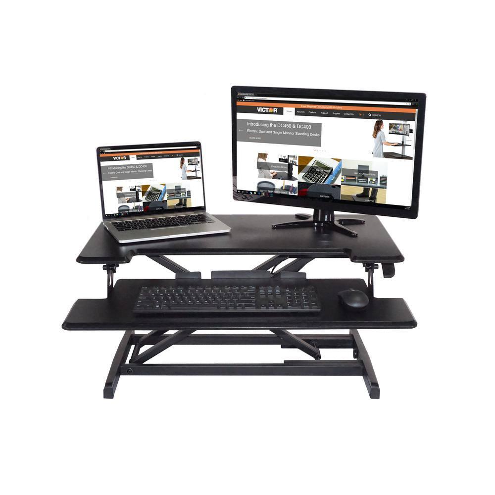 Victor DCX610 Height Adjustable Compact Standing Desk| Black| 33” Wide Sit-Stand Dual Monitor Desk and Laptop Riser Workstation| Compatible with Most Monitor Arms