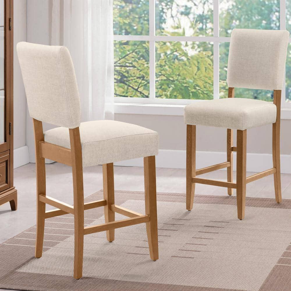 Brax Bar Height 28-inches Stool Natural White Sand, with Upholstered Back and Wood Base - 2-Pack