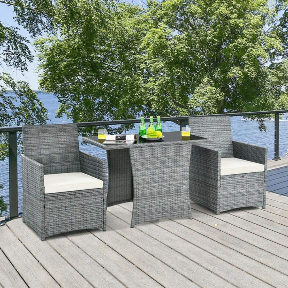 Canddidliike 3 Pieces Patio PE Rattan Furniture Set with 2 Ergonomic Chairs , Space-Saving Outdoor Conversation Set with Cushioned Armrest Sofa, Patio Bistro Set for Outdoor, White