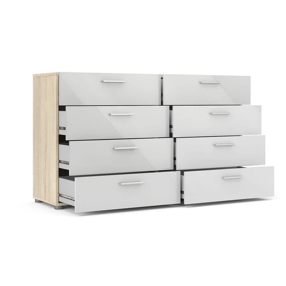 Tvilum Loft 8 Drawer Double Dresser for Adults, Oak Structure and White High Gloss
