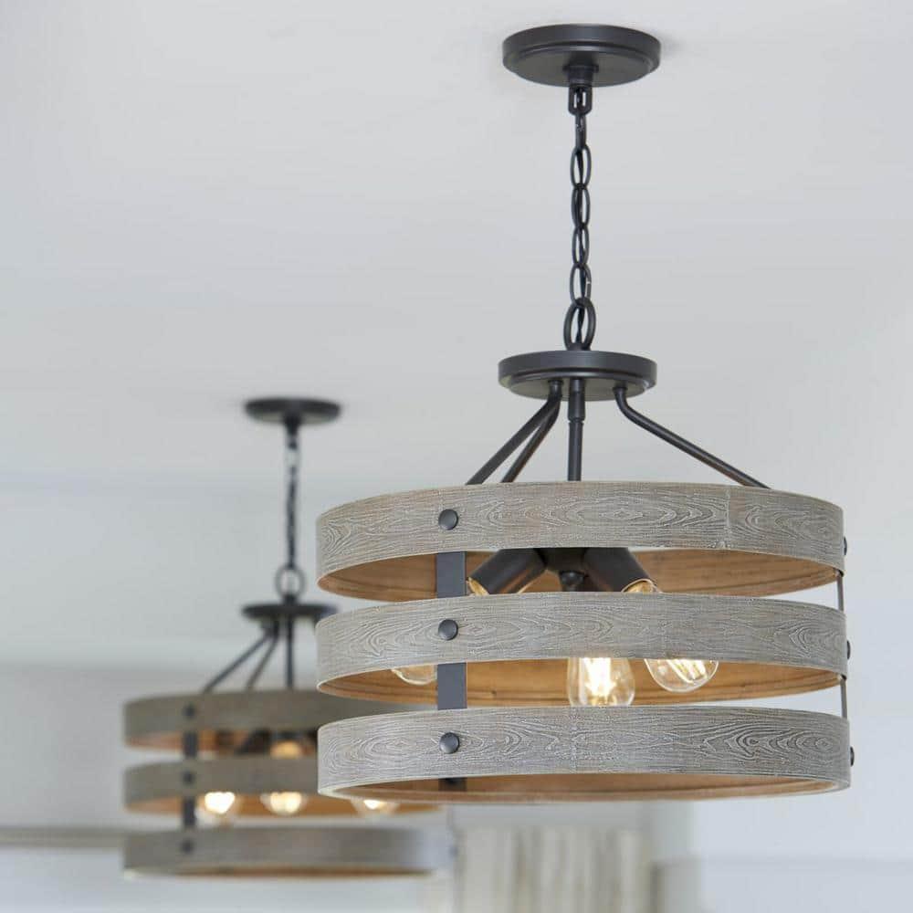 Progress Lighting Gulliver 3-Light Semi-Flush Convertible Ceiling Light, Graphite, Wood Grained Texture