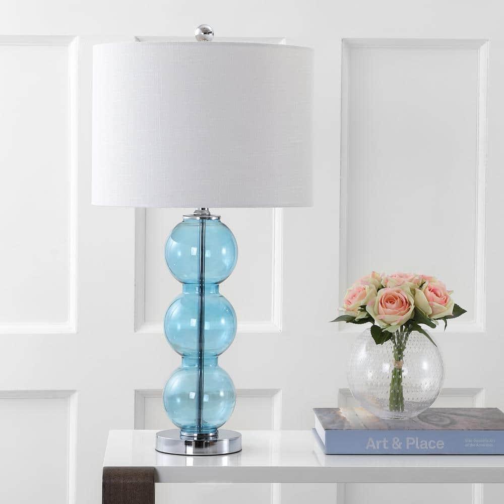 JONATHAN Y Bella 27" Glass Triple-Sphere LED Table Lamp, Sky Blue/Chrome (Set of 2)