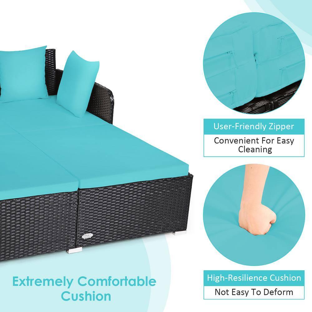 Costway Outdoor Patio Rattan Daybed Pillows Cushioned Sofa Furniture Turquoise