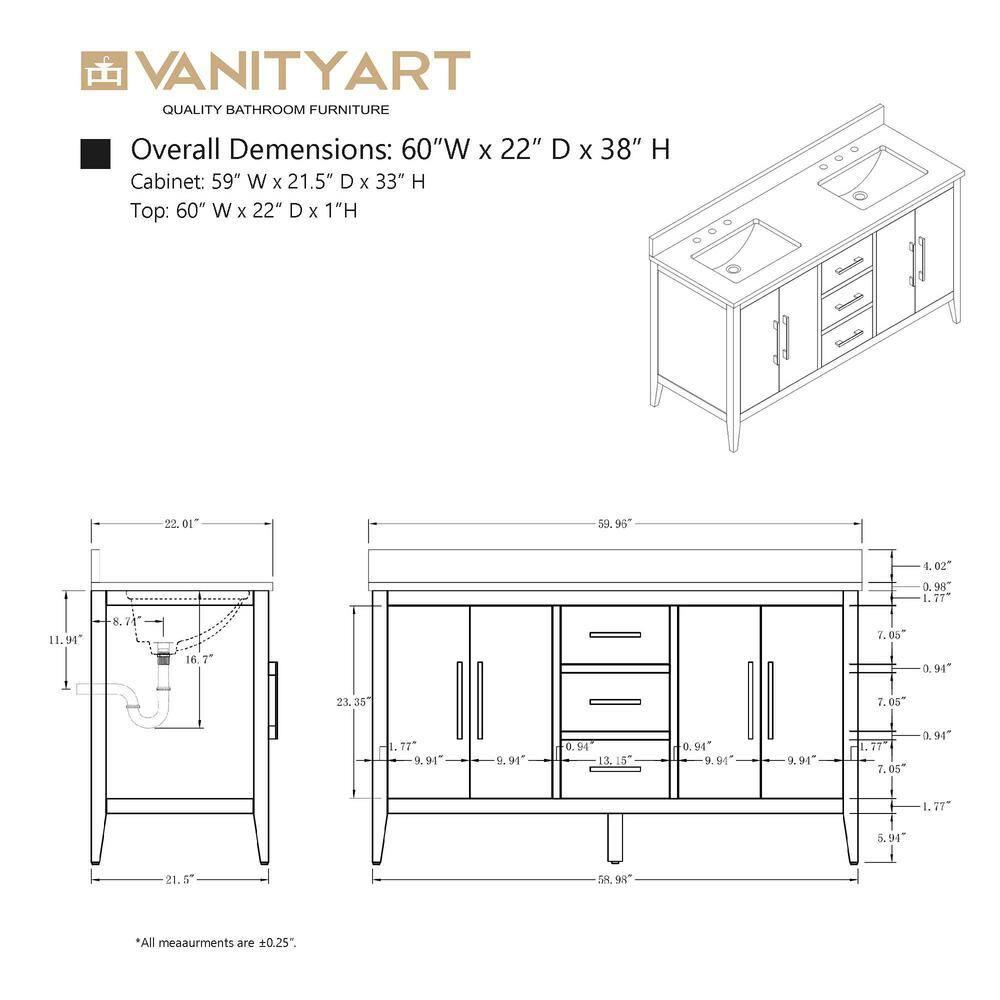Vanity Art 60" Double Bathroom Vanity Set