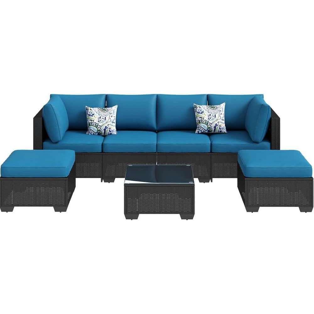 Black Steel Frame 7-Piece Outdoor Sectional Sofa Set with Blue Cushions