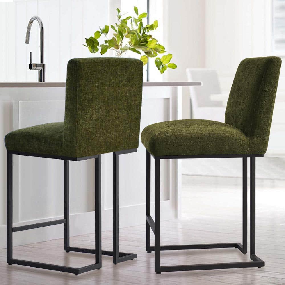 Mason Set of 2 Fabric Counter Height Stools,25" Armless Green Upholstered Fabric With Black Metal Sled Legs Counter Height stools-Maison Boucle