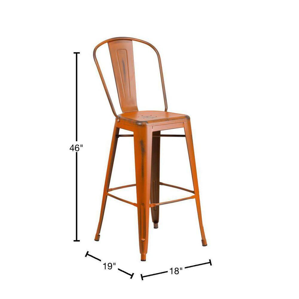 Flash Furniture Commercial Grade 30" High Distressed Orange Metal Indoor-Outdoor Barstool with Back