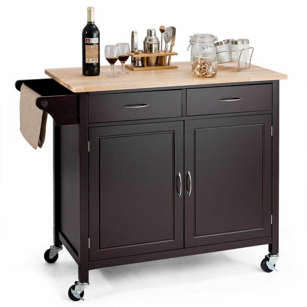 Costway Modern Rolling Kitchen Island Cart Wood Top Storage Trolley with Storage Drawers