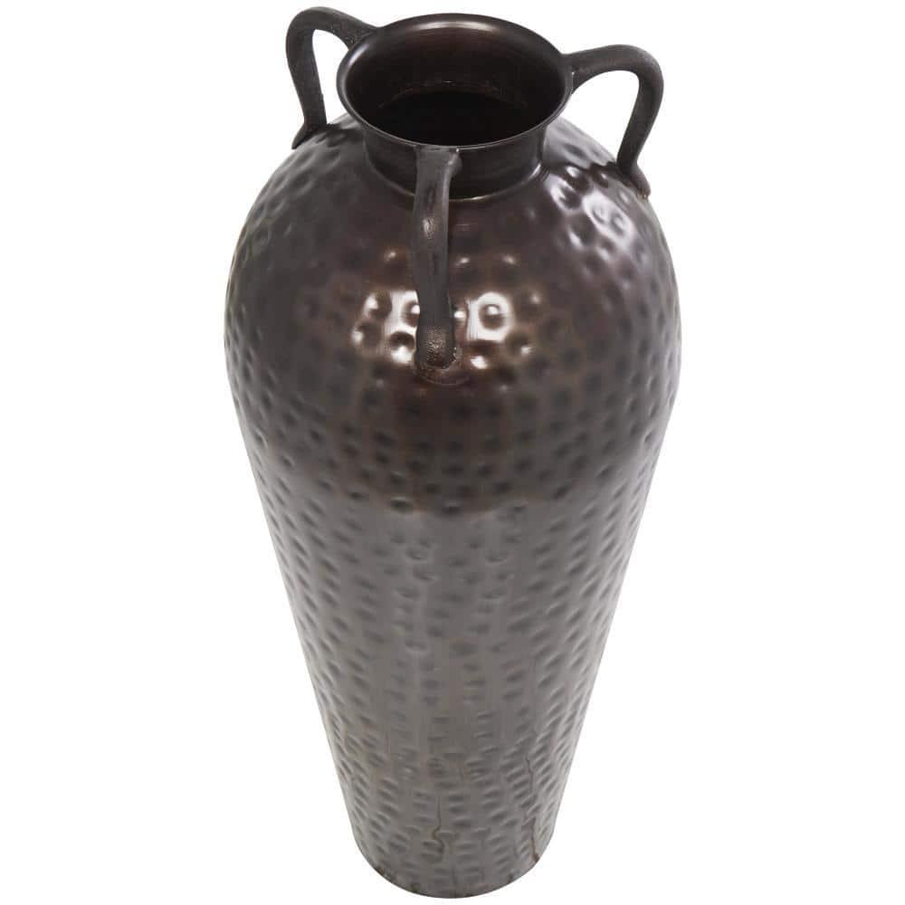 DecMode 28" Tall Floor Mediterranean Style Brown Metal Vase with Hammered Details and Handles