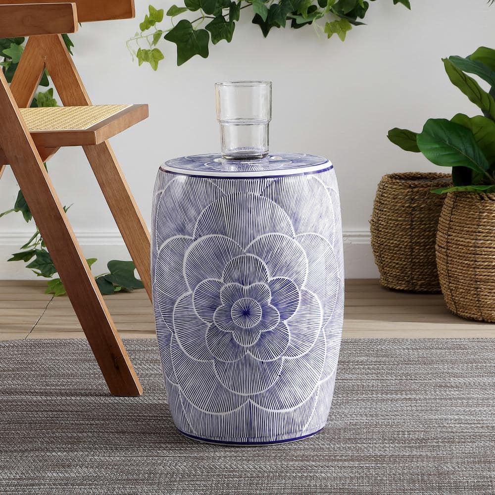 JONATHAN Y Camellia 17" Ceramic Drum Garden Stool, Blue
