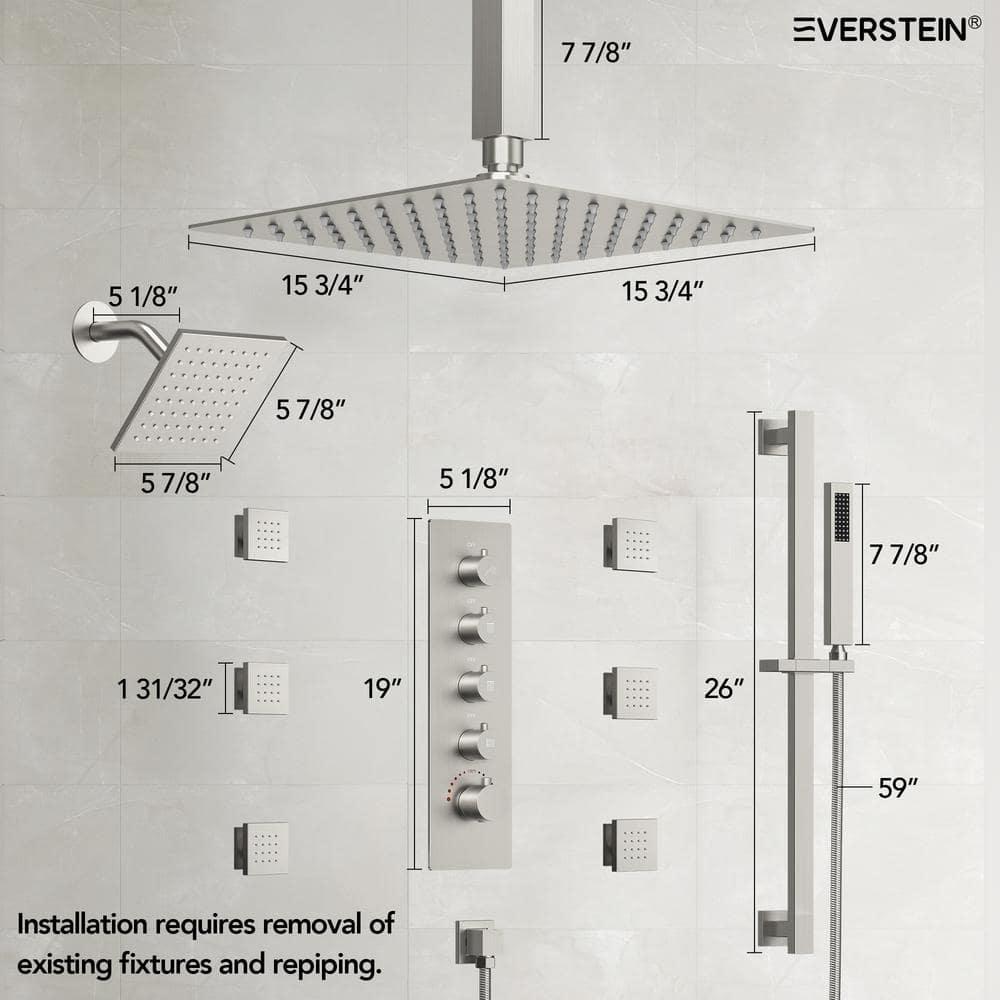 DualJetSpa 15-Spray Patterns 16" & 6" Dual Shower Head, Shower FaucetSystem with Thermostatic Rough-in Valve and Body Jets