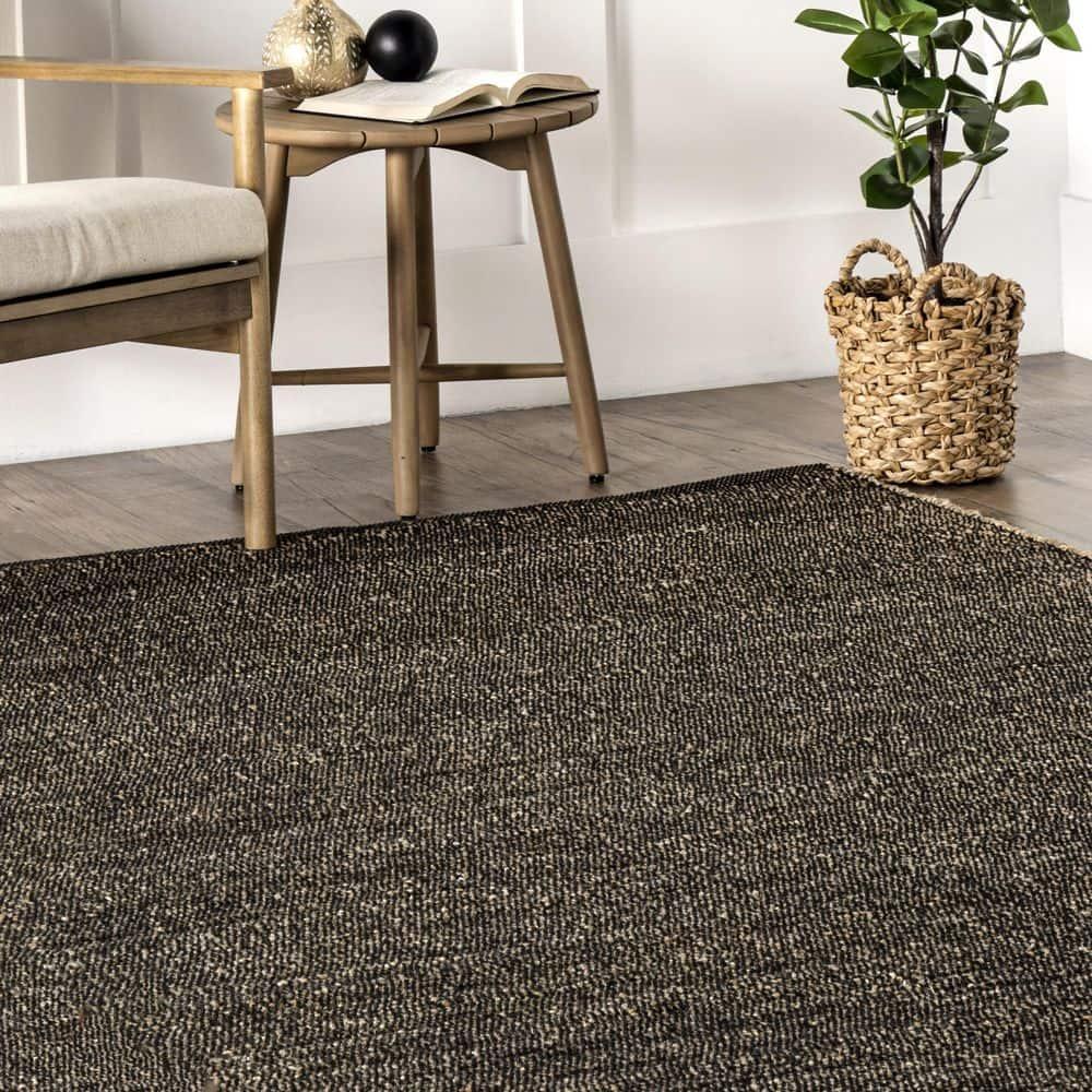 Nuloom 6x9 Elfriede Jute & Cotton Hand Woven Indoor Area Rug, Charcoal, Solid Rustic Farmhouse Style Natural Fiber Bedroom, Living Room,