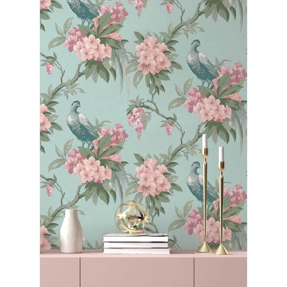 Brewster Home Fashions Golden Pheasant Aqua Floral Wallpaper, 20.5-in by 33-ft, 56.38 sq. ft.