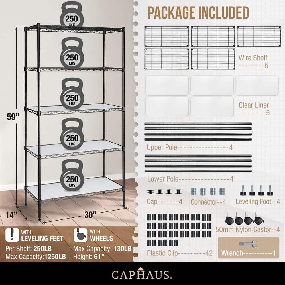 CAPHAUS NSF Adjustable Shelves Metal Wire Shelving Unit w/ Liners, Kitchen Storage Shelving, Metal Steel Storage Shelving, Garage Shelving Storage Organizer, Utility Shelf, 5-Tier W/ Wheels, Black