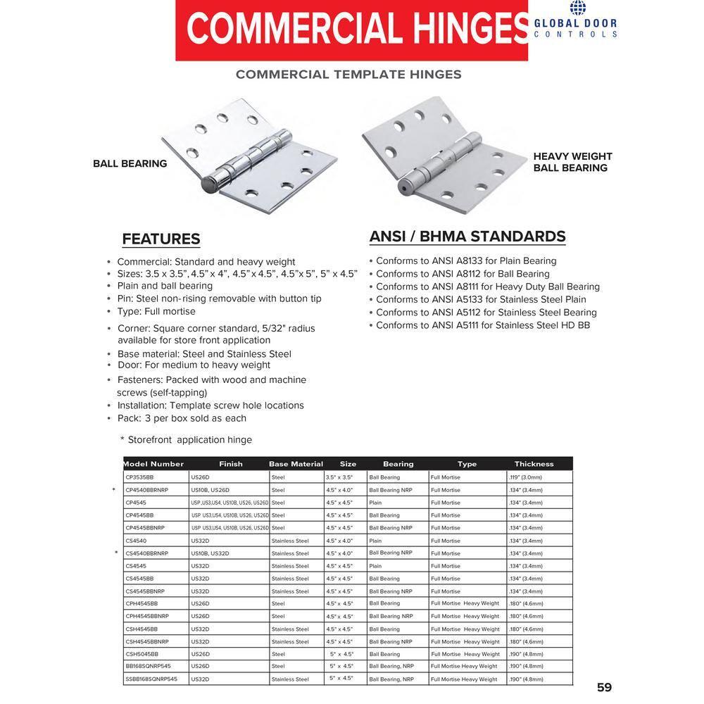 Global Door Controls 4.5 in. x 4.5 in. Full Mortise Squared Ball Bearing Hinge with Non-Removable Pin - Pack of 3 (Set of 3)