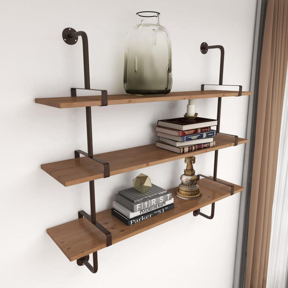 Wood 3 Level Wall Shelf with Black Metal Brackets