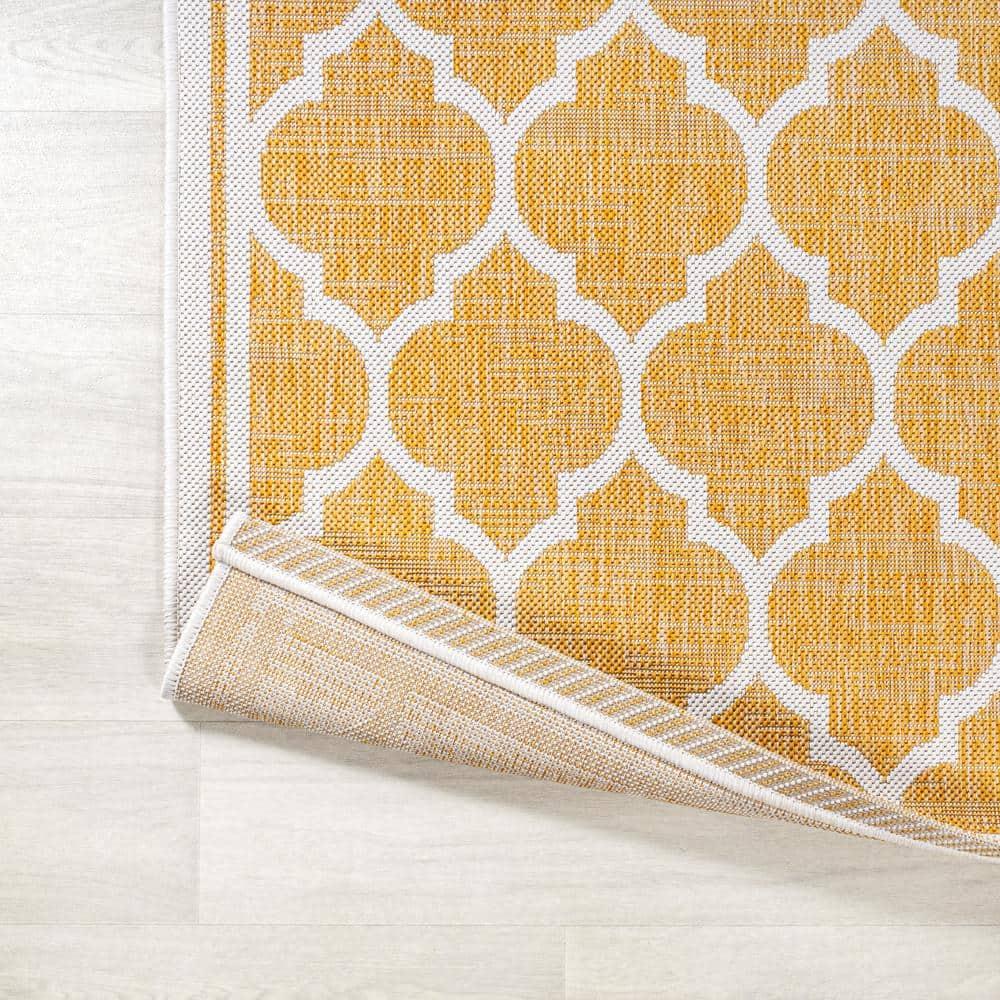 9' x 12' Trebol Moroccan Trellis Textured Weave Indoor/Outdoor Area Rug, Yellow/Cream - JONATHAN Y
