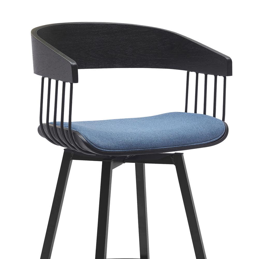Armen Living Indoor Athena 27" Swivel Black Wood Counter Stool in Blue Fabric with Black Metal