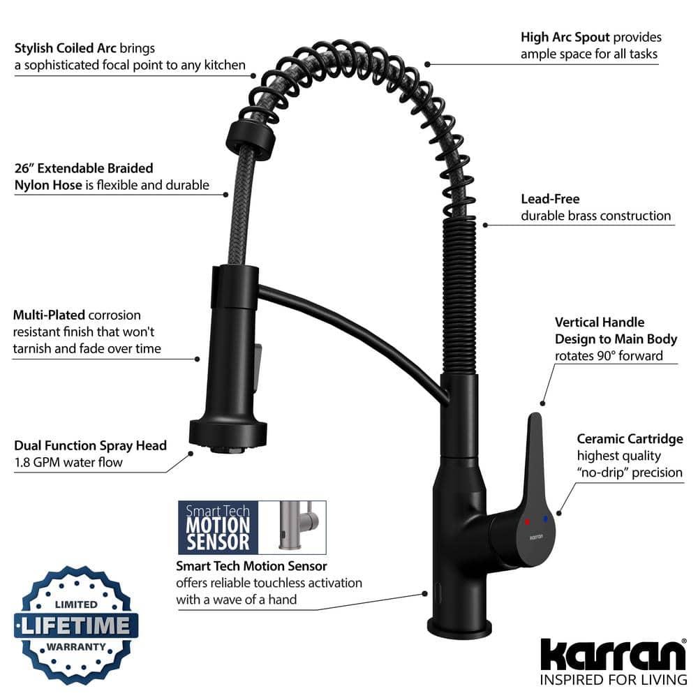 Karran Matte Black Single Handle Deck-mount Touchless Pull-down Kitchen Faucet with Sprayer