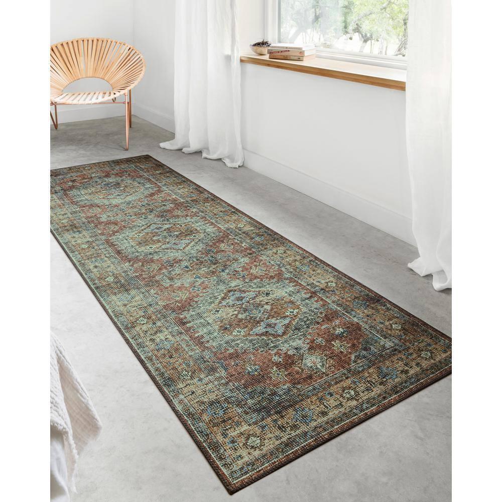 Skye Terracotta/Sky 8 ft. x 8 ft. Round Printed Distressed Oriental Area Rug