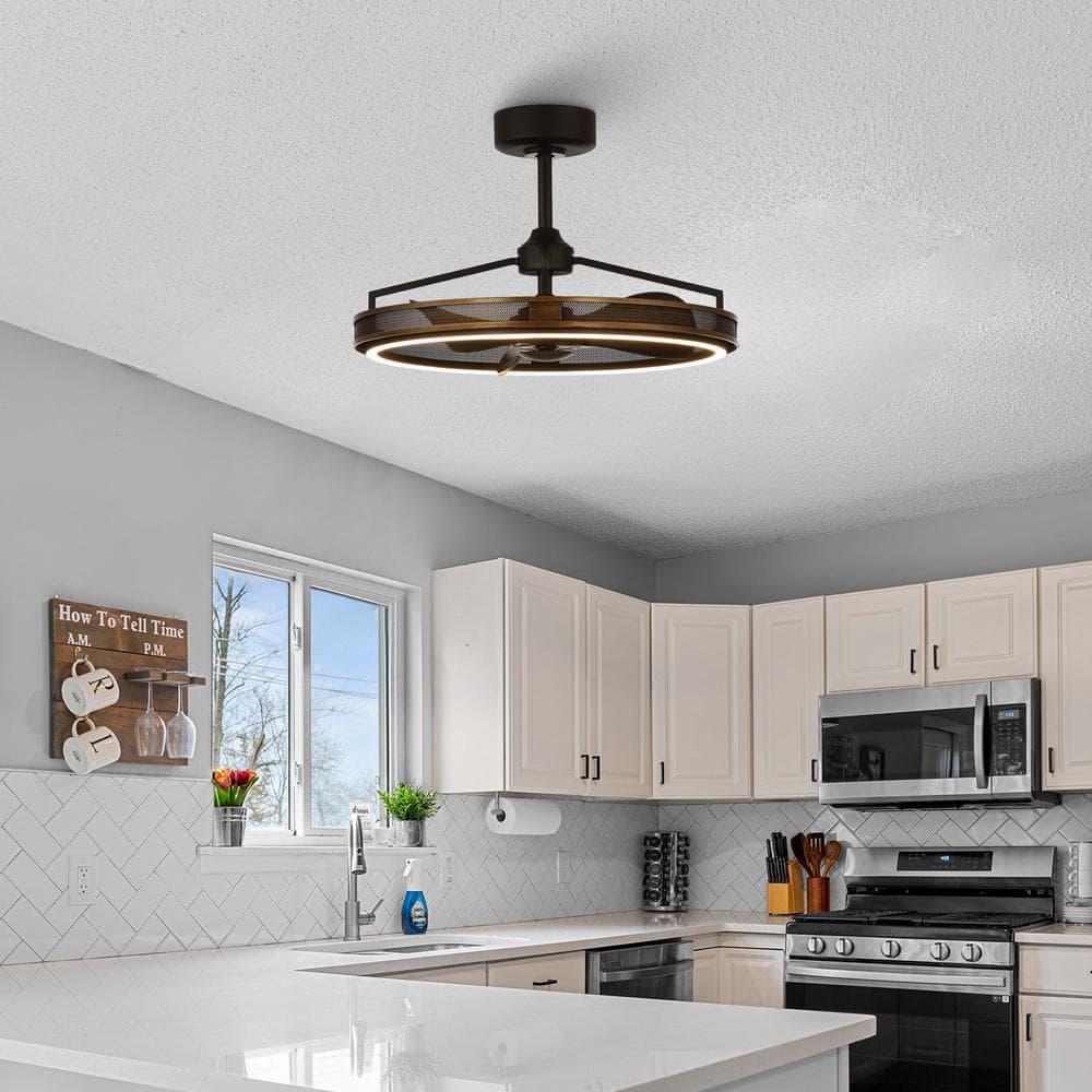 27-inch Industrial Bronze Mesh Caged Bladeless Ceiling Fan with LED Light and Remote