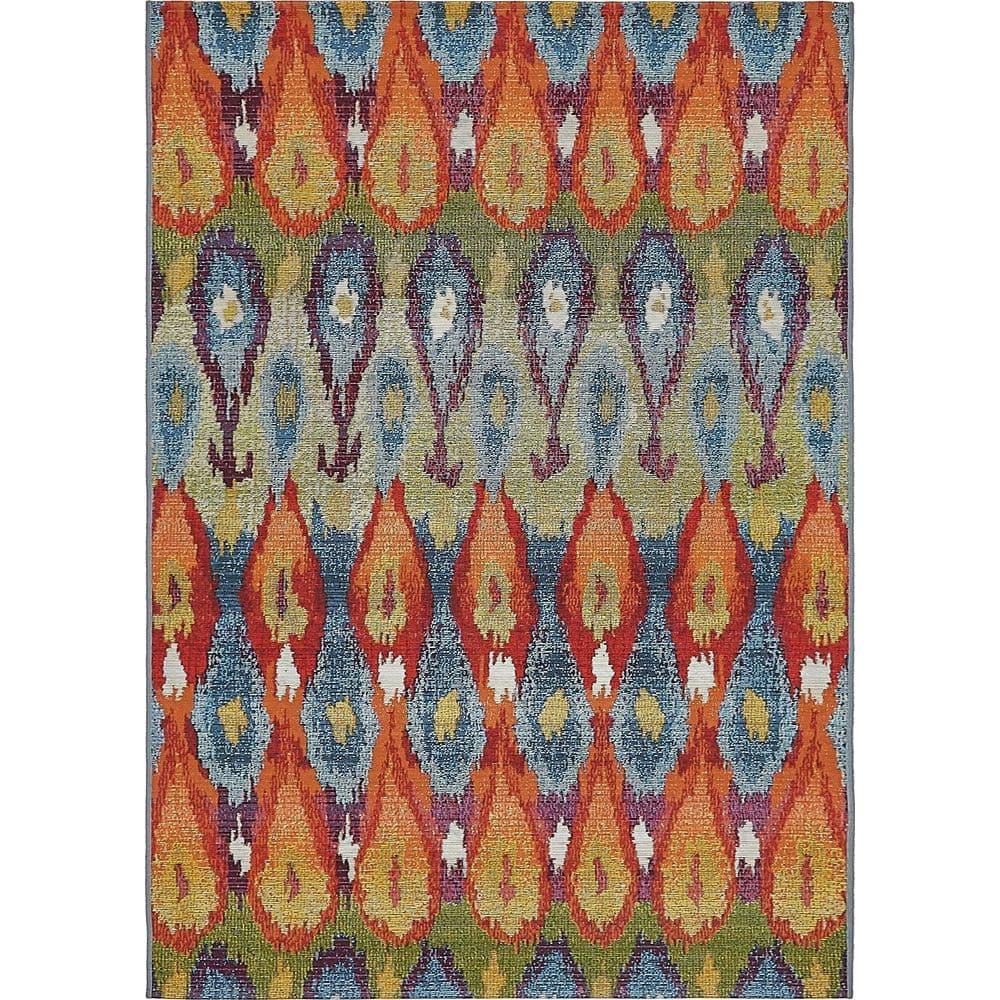 Unique Loom Outdoor Modern Collection Area Rug - Ikat (4' 1" x 6' 1" Rectangle Multi/Burgundy)