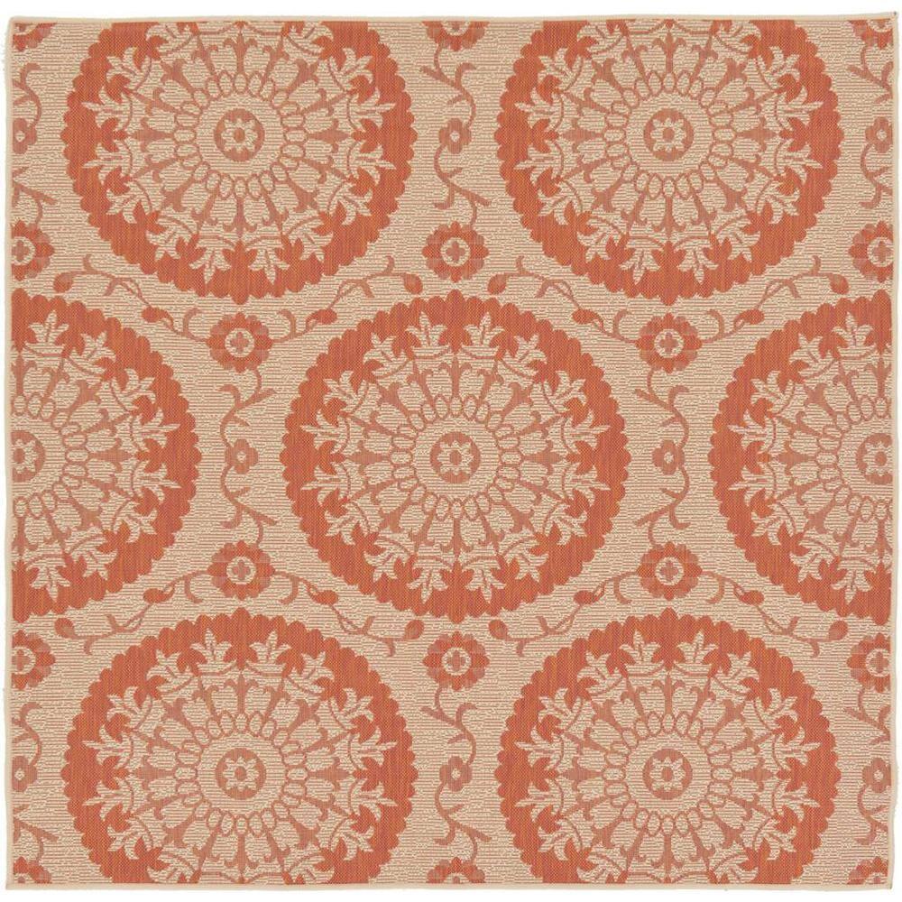 Unique Loom Alfombra de Área de Colección Botánica para Exteriores - Medallón (6' 1" Cuadrado Terracota/beige)
