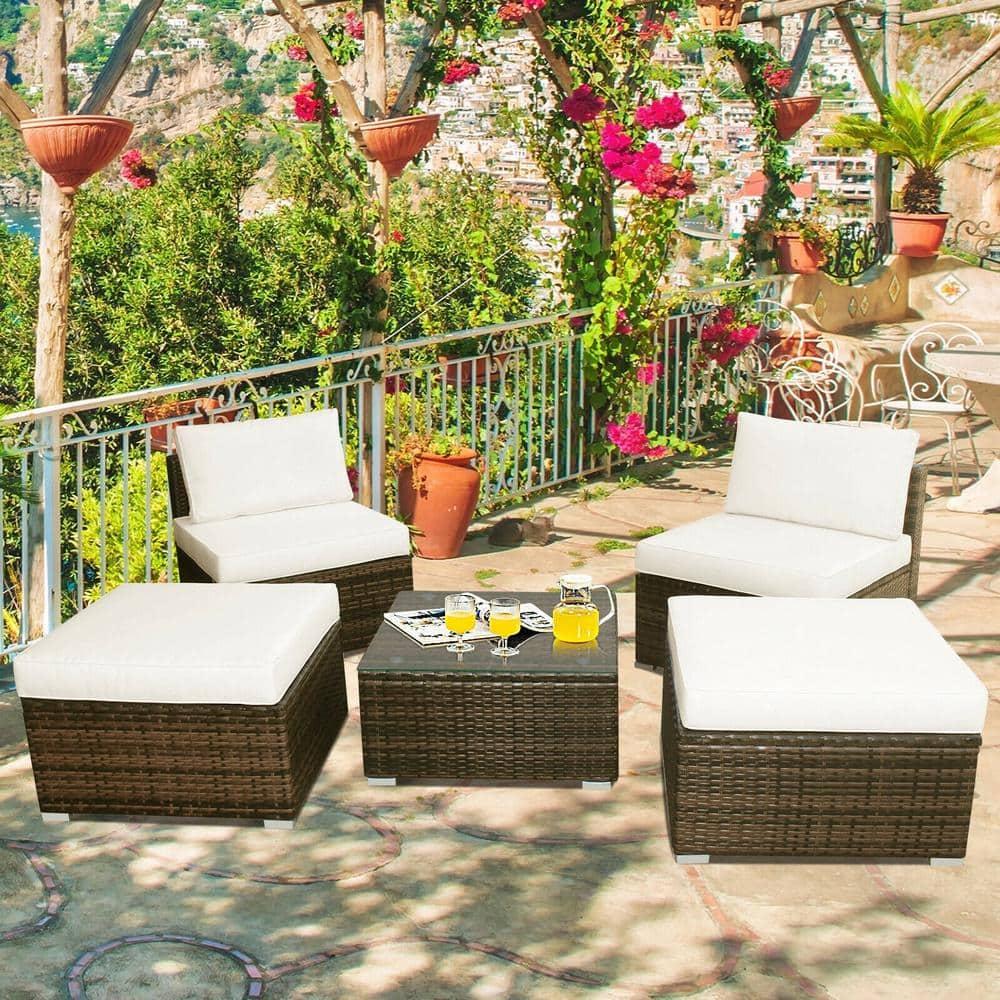 Demifill 5 Pieces Patio Rattan Furniture Set with Cushioned Armless Sofa, Weather-Resistant PE Rattan Sofa Set with Detachable Cushion, Furniture Set for Outdoor as Courtyard, Garden, White