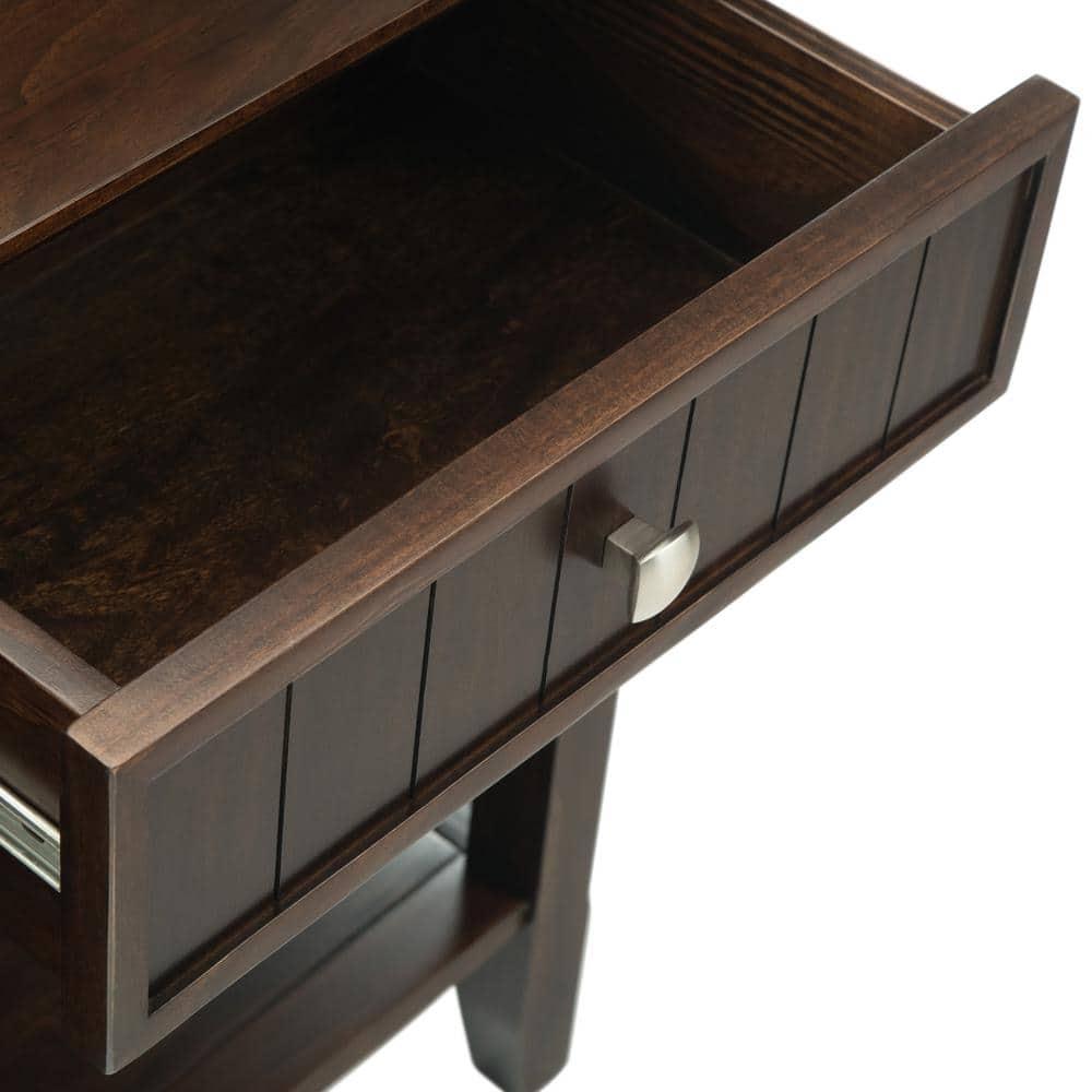 Simpli Home Acadian 60"W Solid Wood Wide Storage Console Table in Brunette Brown with Three Drawers and Open Shelf
