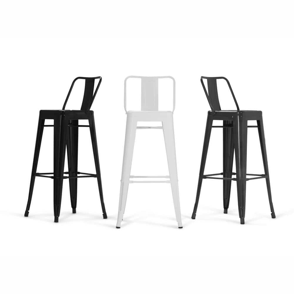 Simpli Home Rayne Metal Industrial Stool with Curved Back, Cross-Brace, and Footrest
