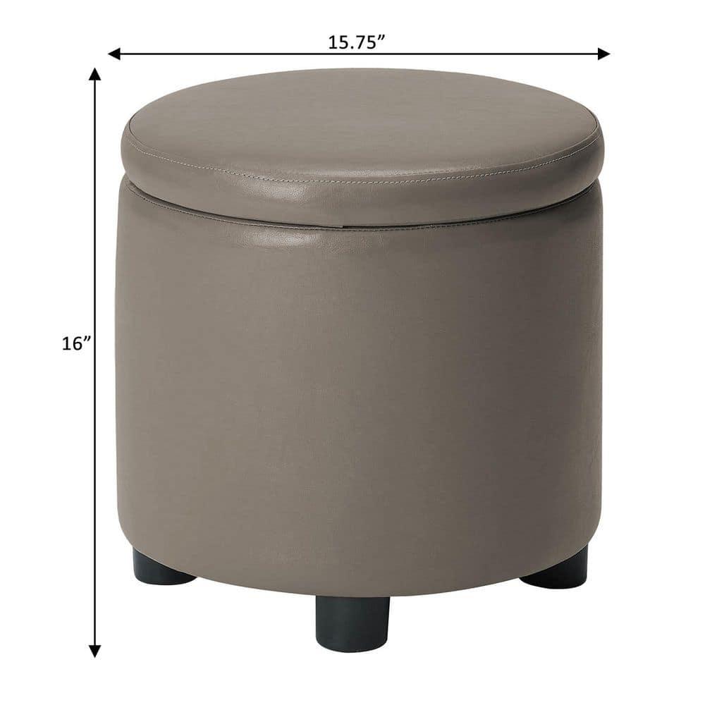 Designs4Comfort Round Accent Storage Ottoman with Reversible Tray Lid, Taupe Gray Faux Leather