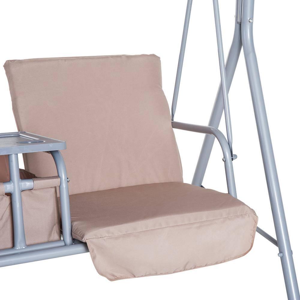 Outsunny 2 Person Porch Swing with Stand, Outdoor Swing with Canopy, Pivot Storage Table, 2 Cup Holders, Cushions for Patio, Backyard, Beige