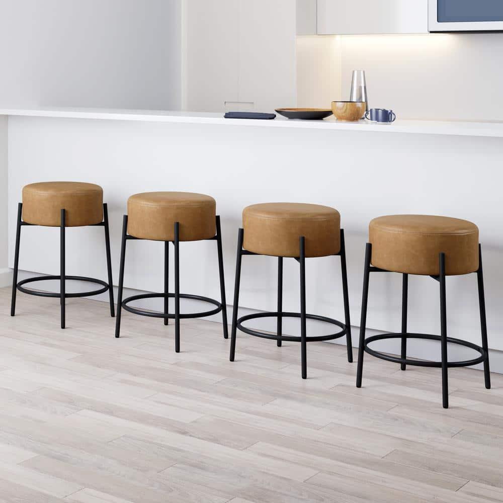 Nathan James Set of 4 Isaac Backless Barstools Brown Faux Leather