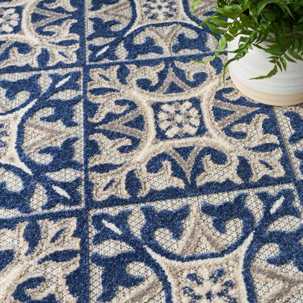 Nourison Aloha Modern Mosaic Flatweave High-Low Indoor Outdoor Area Rug Blue 6' x 9'
