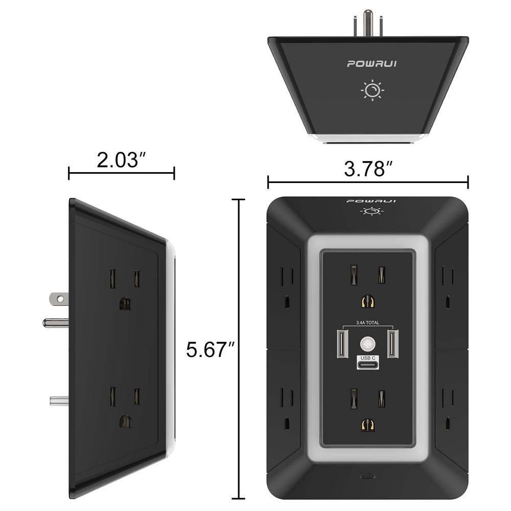 Outlet Extender Power Strip, POWRUI 6 AC Surge Protector Outlets with 3 USB Ports (1 USB C) and Night Light, 3-Sided Multi Plug Wall Outlet with Spaced Outlets - Black, ETL Listed