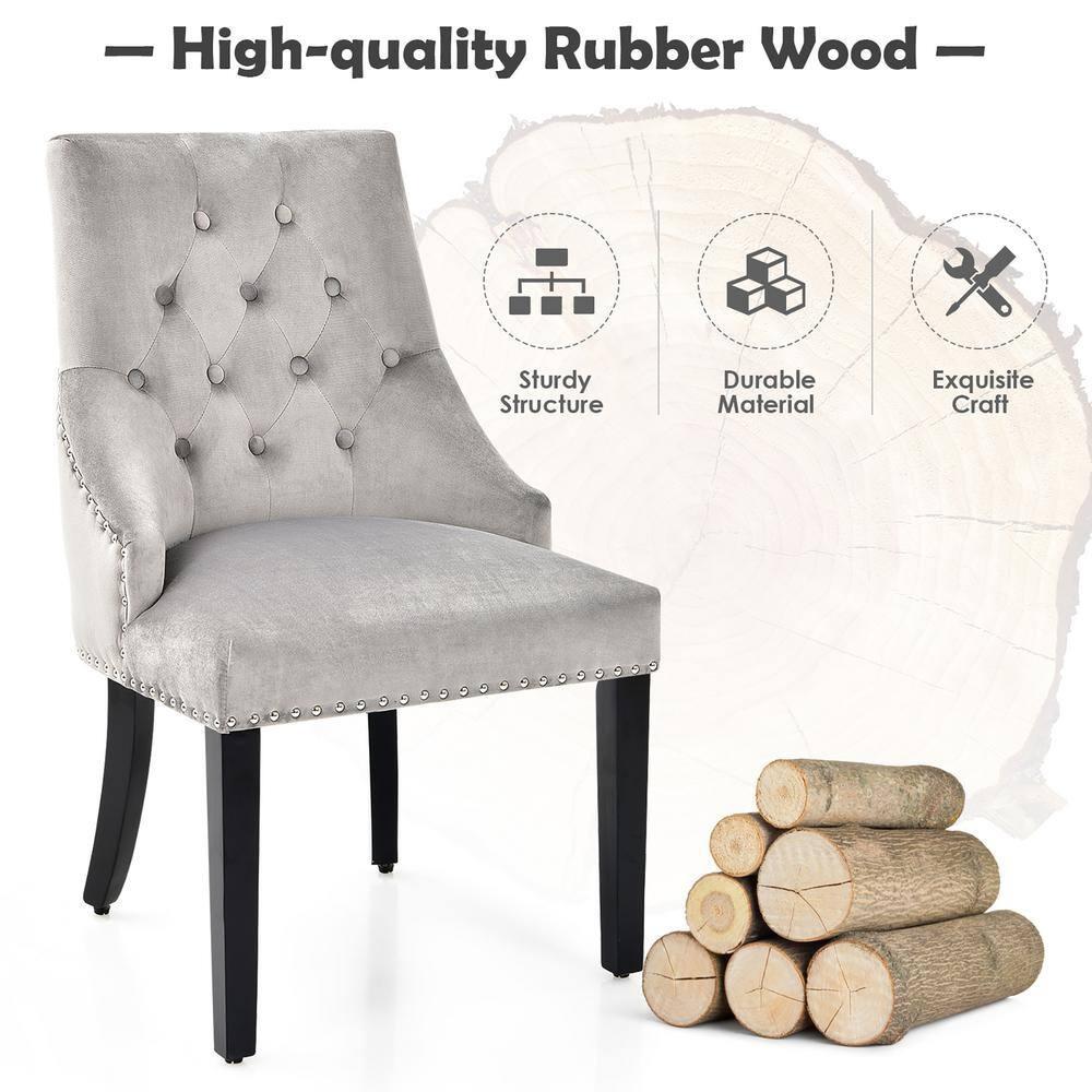 Velvet Dining Chair Upholstered Tufted Armless w/ Nailed Trim & Ring Pull Grey