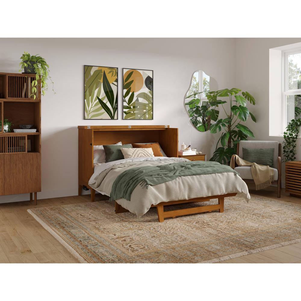 AFI Santa Fe Full Wood Murphy Bed Chest with Mattress and Built-in Charger, Light Toffee