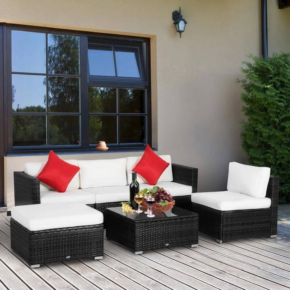 Outsunny 6 Pieces Outdoor PE Rattan Sofa Set, Sectional Conversation Wicker Patio Couch Furniture Set with Cushions and Coffee Table, White