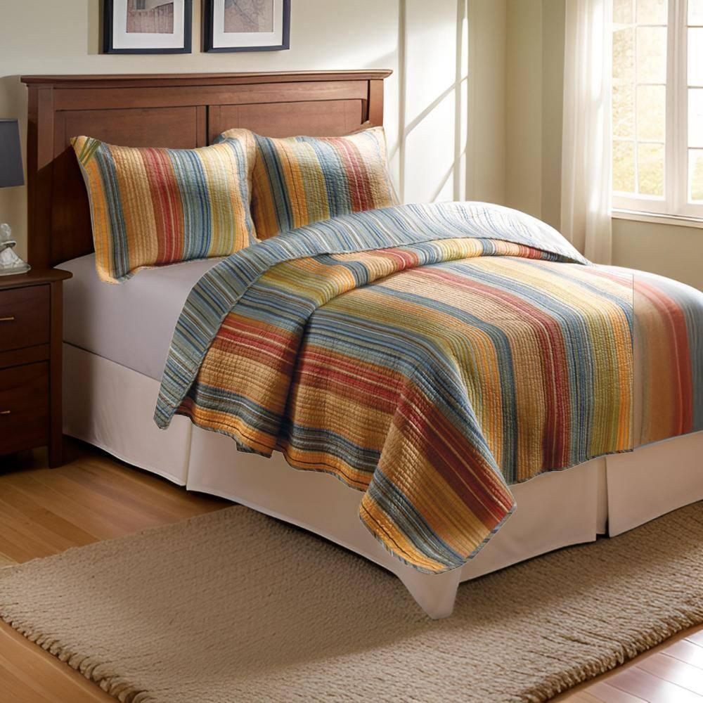 Benjara Huascaran 3 Piece Fabric Queen Size Quilt Set with Channel Stitching, Multicolor