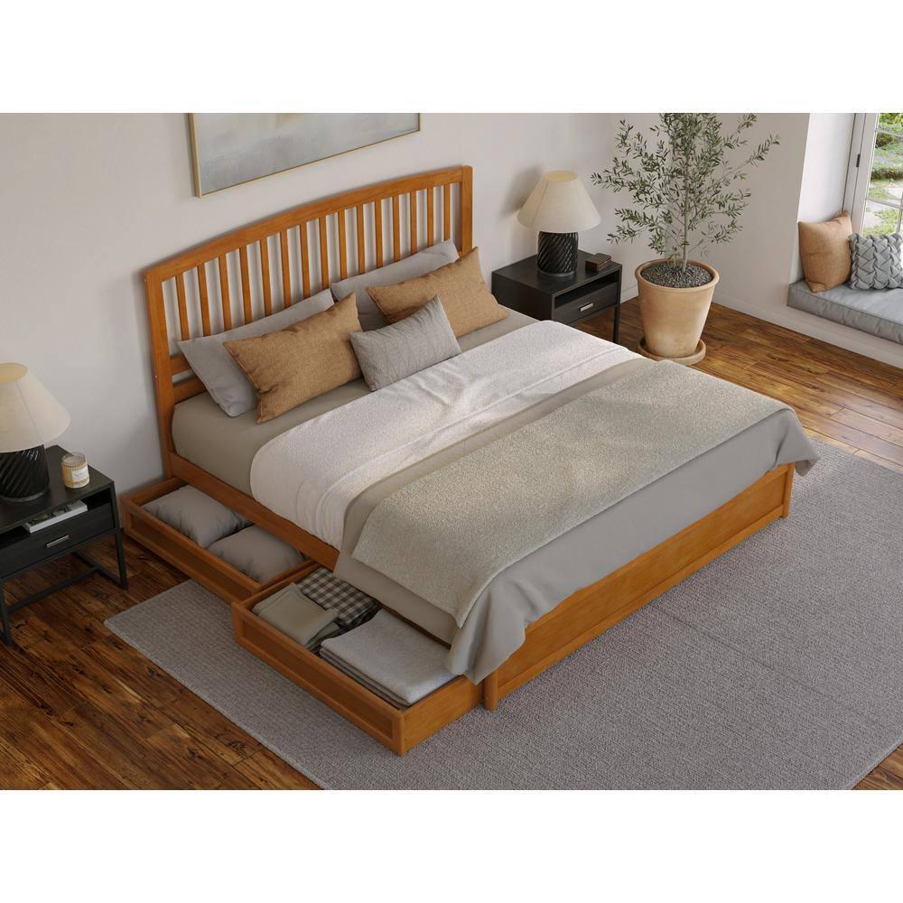 Lucia King Wood Platform Bed with Panel Footboard & Drawers in Light Toffee