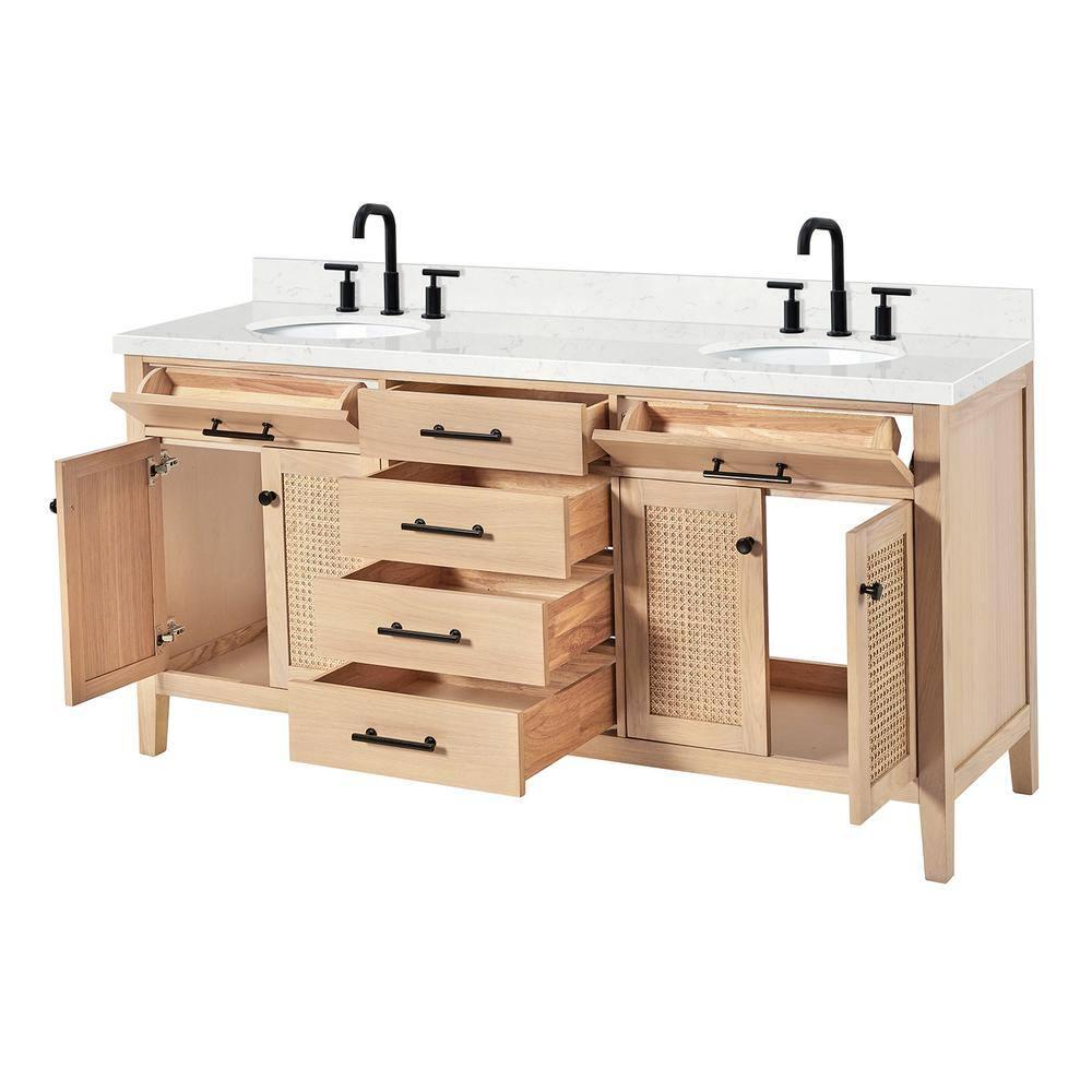 Camila 72 in. W x 22 in. D x 36 in. H Double Oval Sink Bath Vanity in White Oak with Carrara White Quartz Top