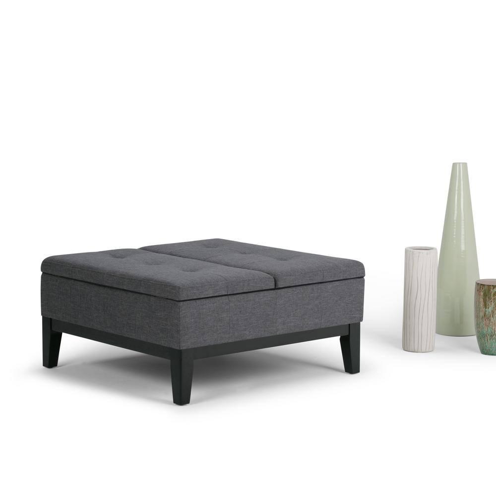 Simpli Home Dover 36"W Upholstered Square Coffee Table Storage Ottoman with Split Tufted Lift Top