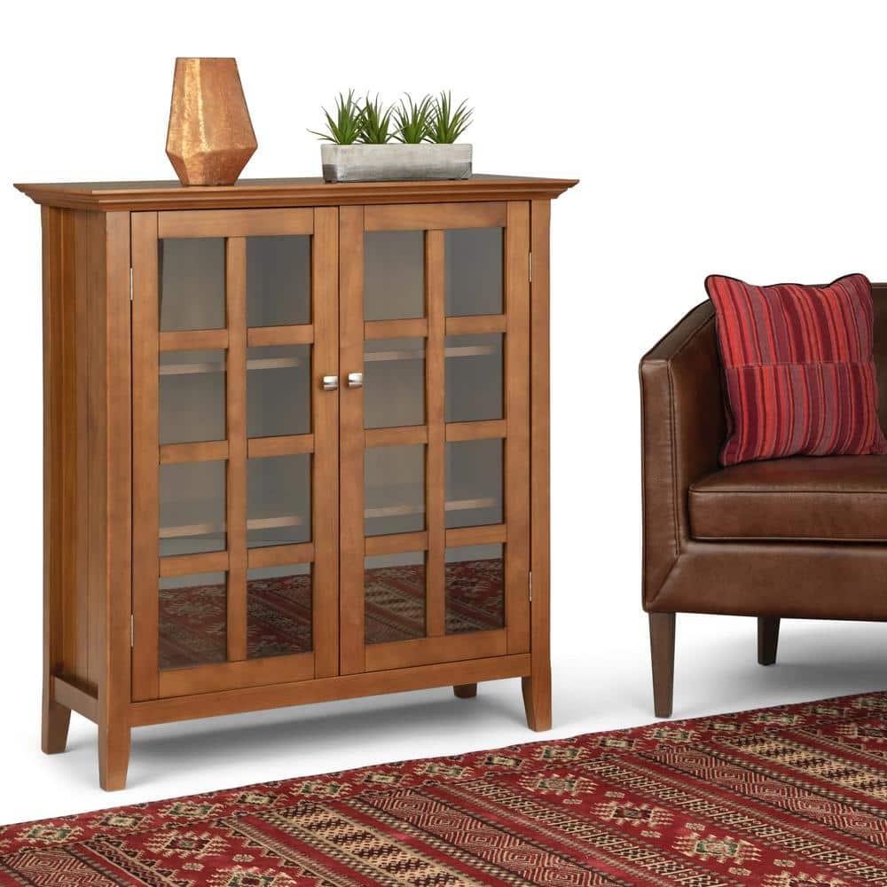 Simpli Home Acadian Solid Wood Shelf Storage Cabinet with Glass Doors and Adjustable Shelves