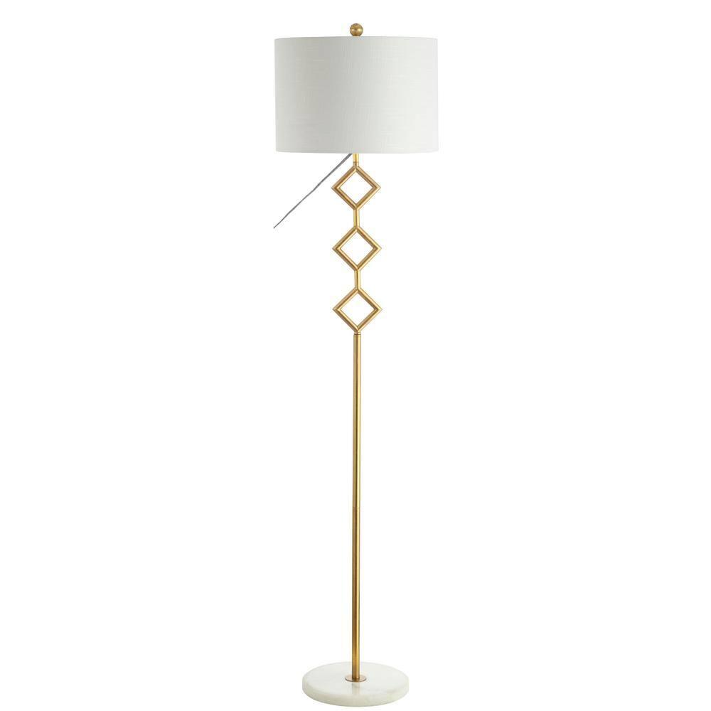 JONATHAN Y Diamante 61.5" Modern Gilt Metal with Marble Based LED Floor Lamp, Gold/White, JYL1083A