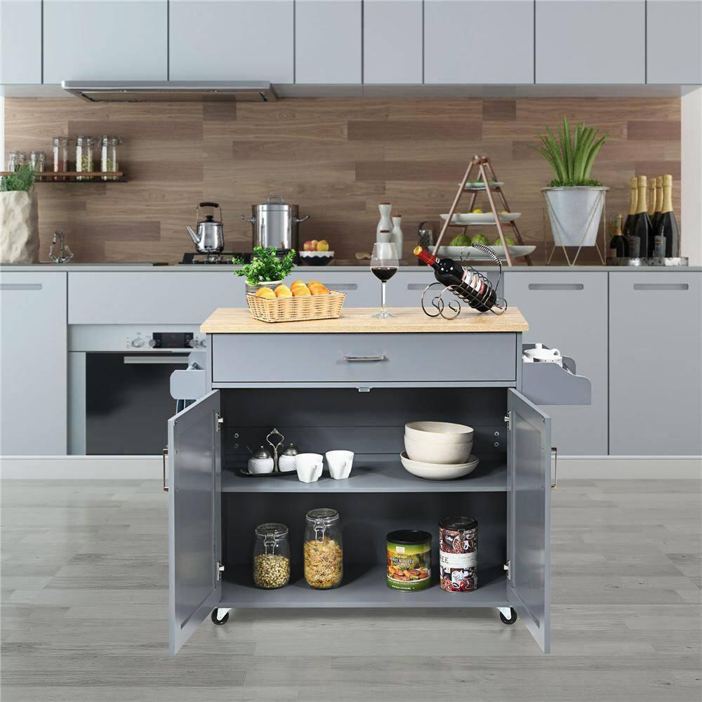 Costway Kitchen Island 44" Rolling Kitchen Cart with Drawer Adjustable Shelf Spice Rack Gray